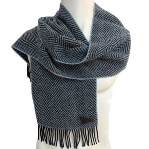 Coach Blue & Black Herringbone Wool Cashmere Scarf Fringe